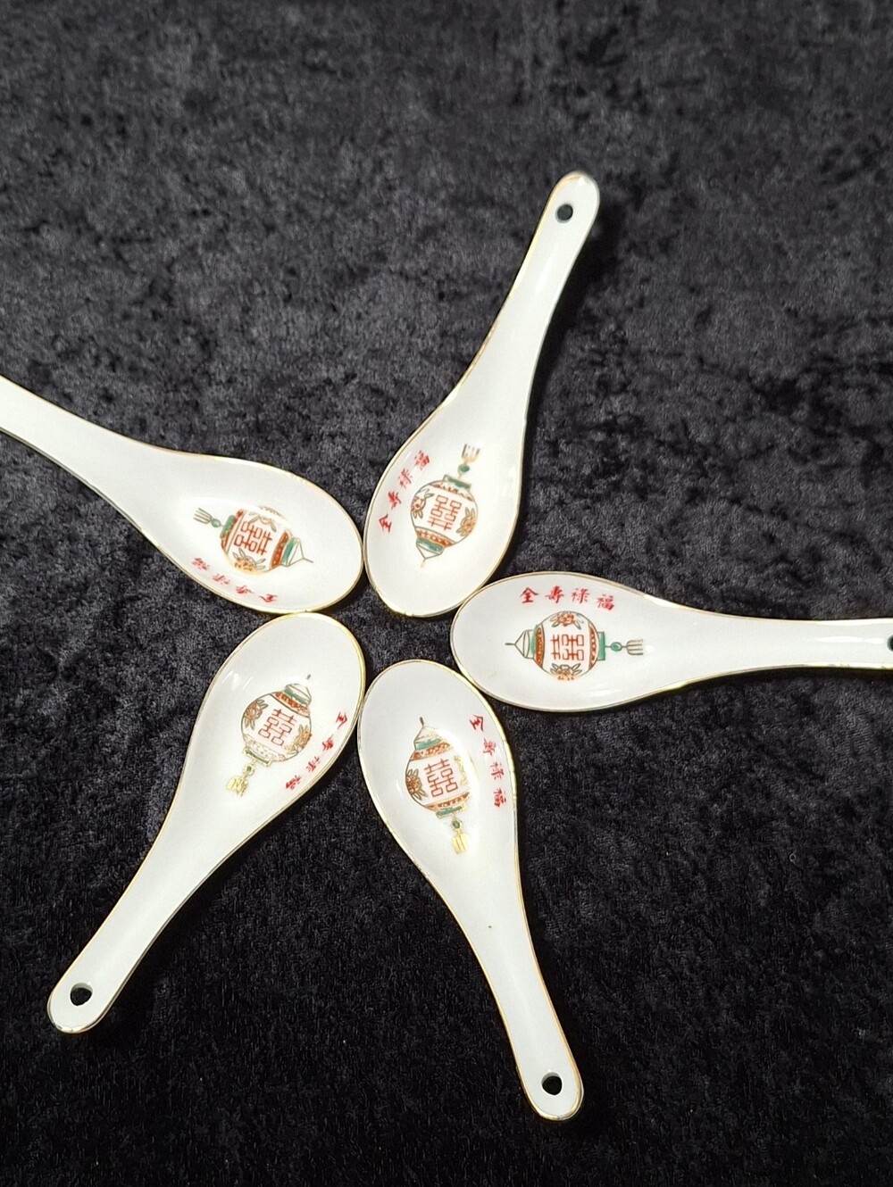 Vintage Tatung Porcelain Soup Spoons Set of 5 Chinese Lantern Double Happiness
